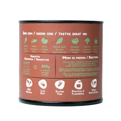 Lata de comida com texto em português e inglês com indicações de uso, ingredientes e benefícios.