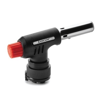 Tocha de cozinha preta com ponta metálica e botão vermelho