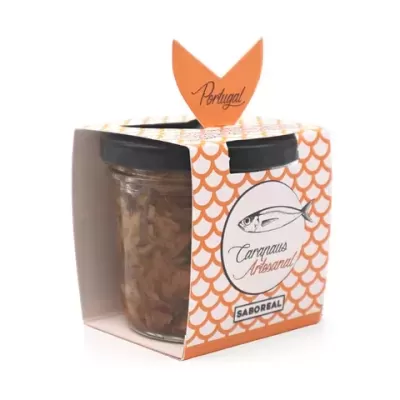 Frasco de conserva artesanal com embalagem decorada em padrão de escamas laranja e branca