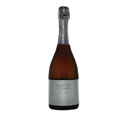 Garrafa de vinho espumante Quinta dos Termos com rótulo cinzento e tampa prateada