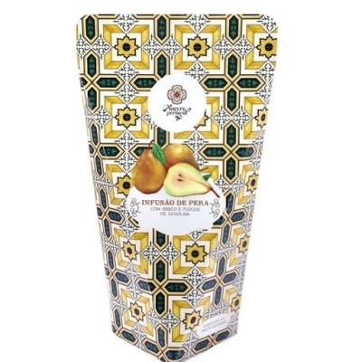 pacote decorado com padrão geométrico e imagem de peras para infusão de pera