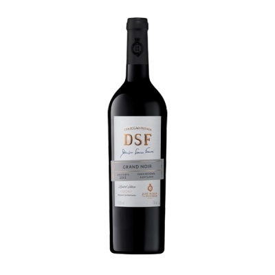 Garrafa de vinho tinto DSF Grand Noir 2015 com rótulo branco e cinzento