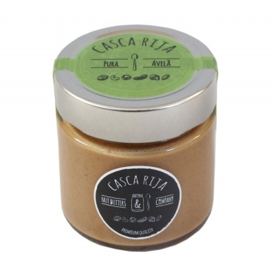 Frasco de creme de avelã Cascarita com rótulos verde e preto