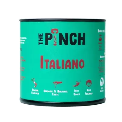 Frasco cilíndrico verde com rótulo THE PINCH Italiano e texto descritivo em branco e vermelho