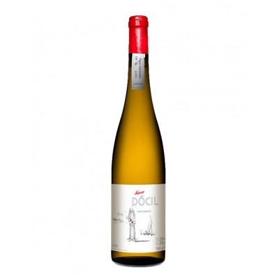 Garrafa de vinho branco com rótulo branco e tampa vermelha