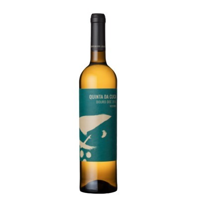 Garrafa de vinho branco com rótulo verde-azulado e texto QUINTA DA COUÇA DOURO DOC