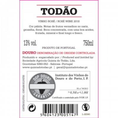Etiqueta de vinho rosé TODÃO 2018 com informações de produção, teor alcoólico, volume, certificação DOP DOOURO e código de barras