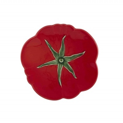 Prato cerâmico em forma de tomate vermelho com folhas verdes no centro