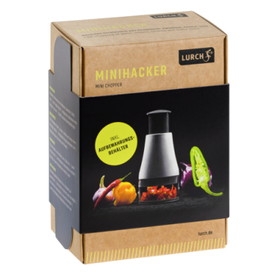 Embalagem de mini processador de alimentos Lurch Minihacker com imagem do produto e legumes