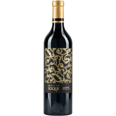 Garrafa de vinho tinto com rótulo preto e ouro, cápsula dourada