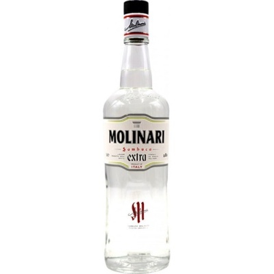 Garrafa de licor Molinari Sambuco Extra transparente com rótulo branco e tampa preta