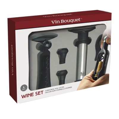 Conjunto de acessórios para vinho Vin Bouquet com 4 peças em embalagem branca e vermelha