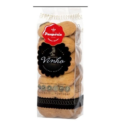 Embalagem de biscoitos castanhos redondos com rótulos vermelhos e pretos.