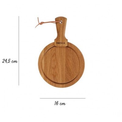 Tabuleiro redondo de madeira com alça e cordão, marca BOSKA, medidas 24,5 cm x 16 cm