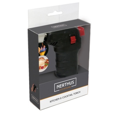 Isqueiro para cozinha e cocktails preto com detalhes vermelhos na embalagem