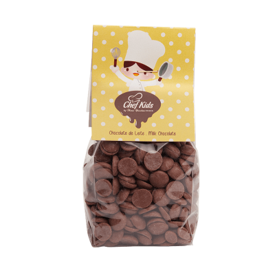 Pacote de chocolate de leite Chef Kids com etiqueta amarela e bolinhas brancas