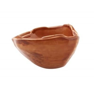 Vaso ou taça de cerâmica castanha brilhante com formato irregular