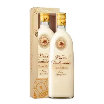 Garrafa branca de licor honey doce com caixa bege decorativa