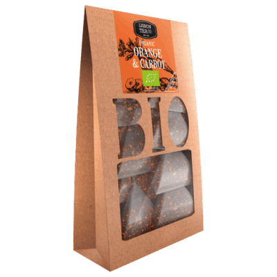 Pacote de chá orgânico de laranja e cenoura em embalagem de cartão com janela transparente