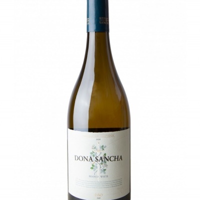 Garrafa de vinho branco DOÑA SANCHA com rótulo branco e rolha azul