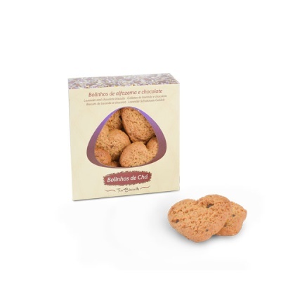 Embalagem e bolachas de alfazema e chocolate