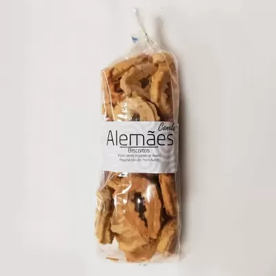 Pacote transparente de biscoitos Alemães Canela com rótulo branco