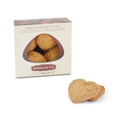 Caixa creme de Bolinhos de Chá com biscoitos visíveis e dois biscoitos em forma de coração ao lado