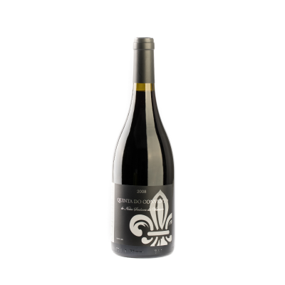 Garrafa de vinho tinto com rótulo preto e símbolo branco