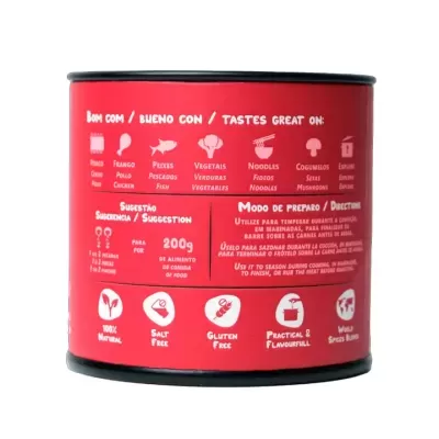 Lata vermelha com instruções e sugestões em várias línguas