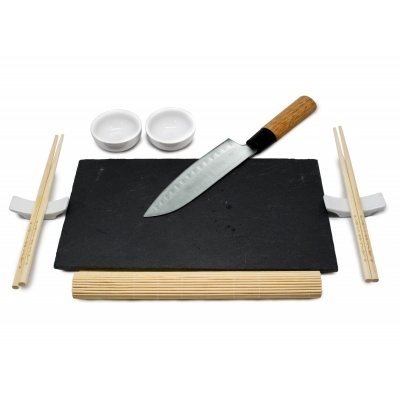 Conjunto para sushi com faca, pauzinhos, taças, base e tapete