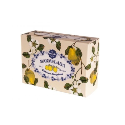 Caixa de marmelada com padrão de limões e flores e texto azul sobre fundo creme