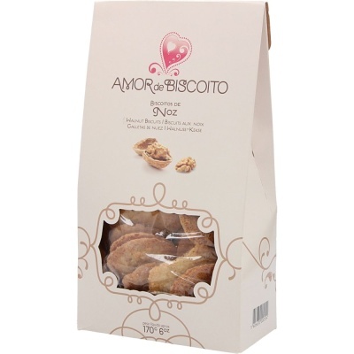 Embalagem branca de biscoitos 'Amor de Biscoito' com biscoitos visíveis e texto sobre biscoitos de noz.