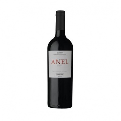 Garrafa de vinho tinto ANEL com rótulo branco e texto vermelho e preto