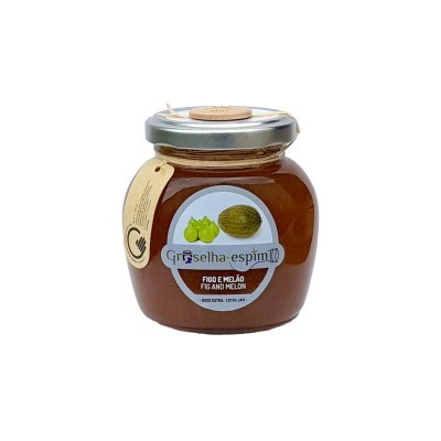 Frasco de compota de figo e melão com rótulo e tampa metálica