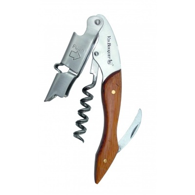 Saca-rolhas em madeira e aço inox com inscrições