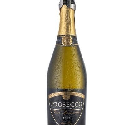 Garrafa de Prosecco 2019 com rótulo preto e dourado e duas rolhas ao lado