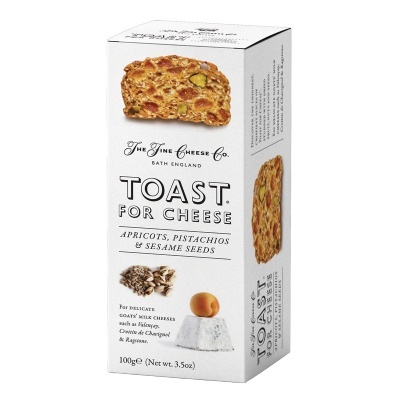 Embalagem branca de biscoitos 'Toast for Cheese' da The Fine Cheese Co.