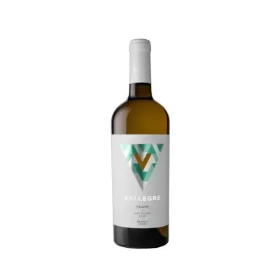 Garrafa de vinho branco VALLEGRE com rótulo branco e gráfico triangular em verde e laranja