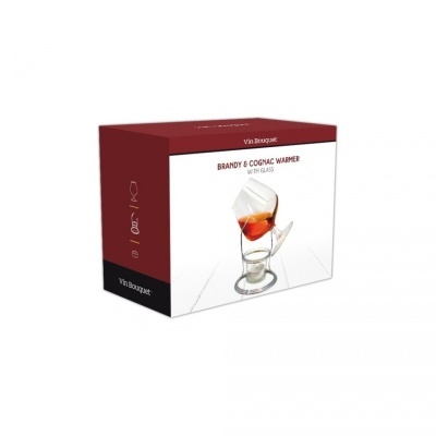 Embalagem do aquecedor de conhaque com copo transparente e suporte metálico