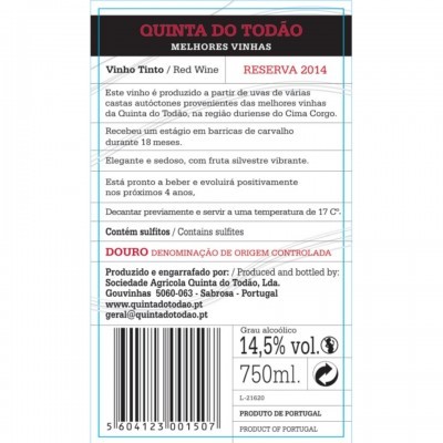 Etiqueta de vinho tinto Reserva 2014 da Quinta do Todão com informações detalhadas e código de barras