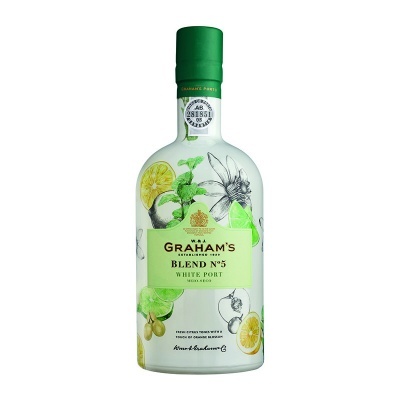 Garrafa de Graham's Blend Nº5 White Port decorada com frutas e folhas