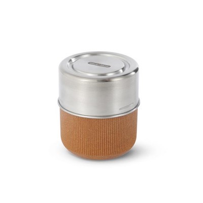 Frasco com tampa metálica prateada e base castanha texturada
