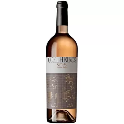 Garrafa de vinho rosé Coelheiros 2022 com rótulo branco e cinzento