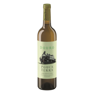 Garrafa de vinho branco Douro com rótulo verde claro e imagem de comboio