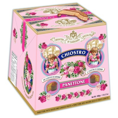 Caixa rosa de Panettone Chiostro decorada com flores e imagens de crianças