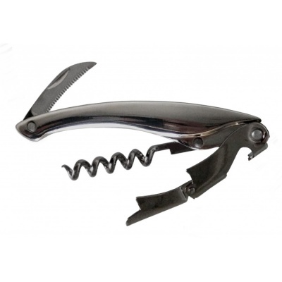 Abridor de garrafas em metal com saca-rolhas, lâmina serrilhada e alavanca prateada