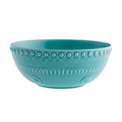 Tigela de cerâmica azul turquesa com padrão decorativo em relevo