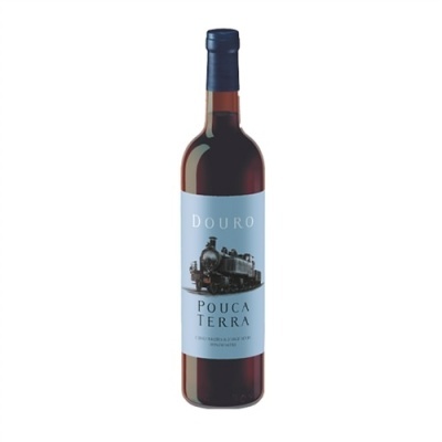 Garrafa de vinho tinto Douro Pouca Terra com rótulo azul e imagem de locomotiva
