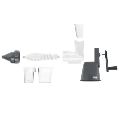 Peças desmontadas de um espremedor manual de sumos