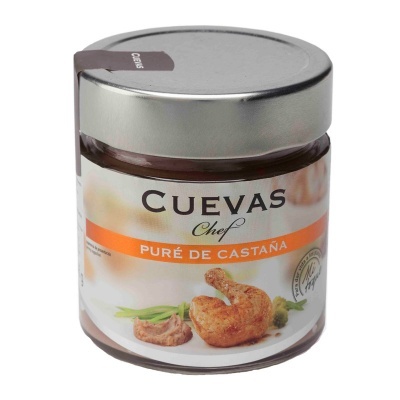 Frasco de puré de castanha CUEVAS Chef com rótulo branco e laranja